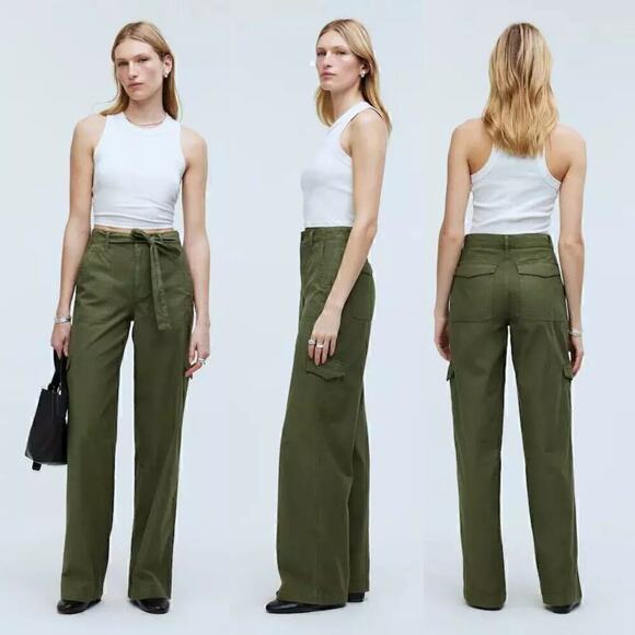Madewell Griff Pants Superwide Leg Cargo Garment Dye Desert Olive Green NWT 27 - Picture 2 of 12